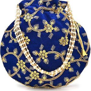Women's Velvet Embroidered Potli Purse Indian Drawstring Bag Green